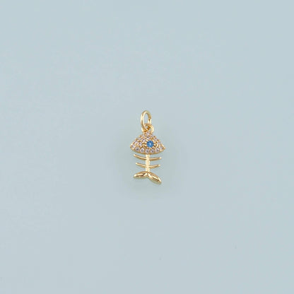 Gold Fish Charms,18K Gold Filled Fish Pendant,CZ Micro Pave Fish Bones Charm Bracelet Necklace for DIY Jewelry Making Supply