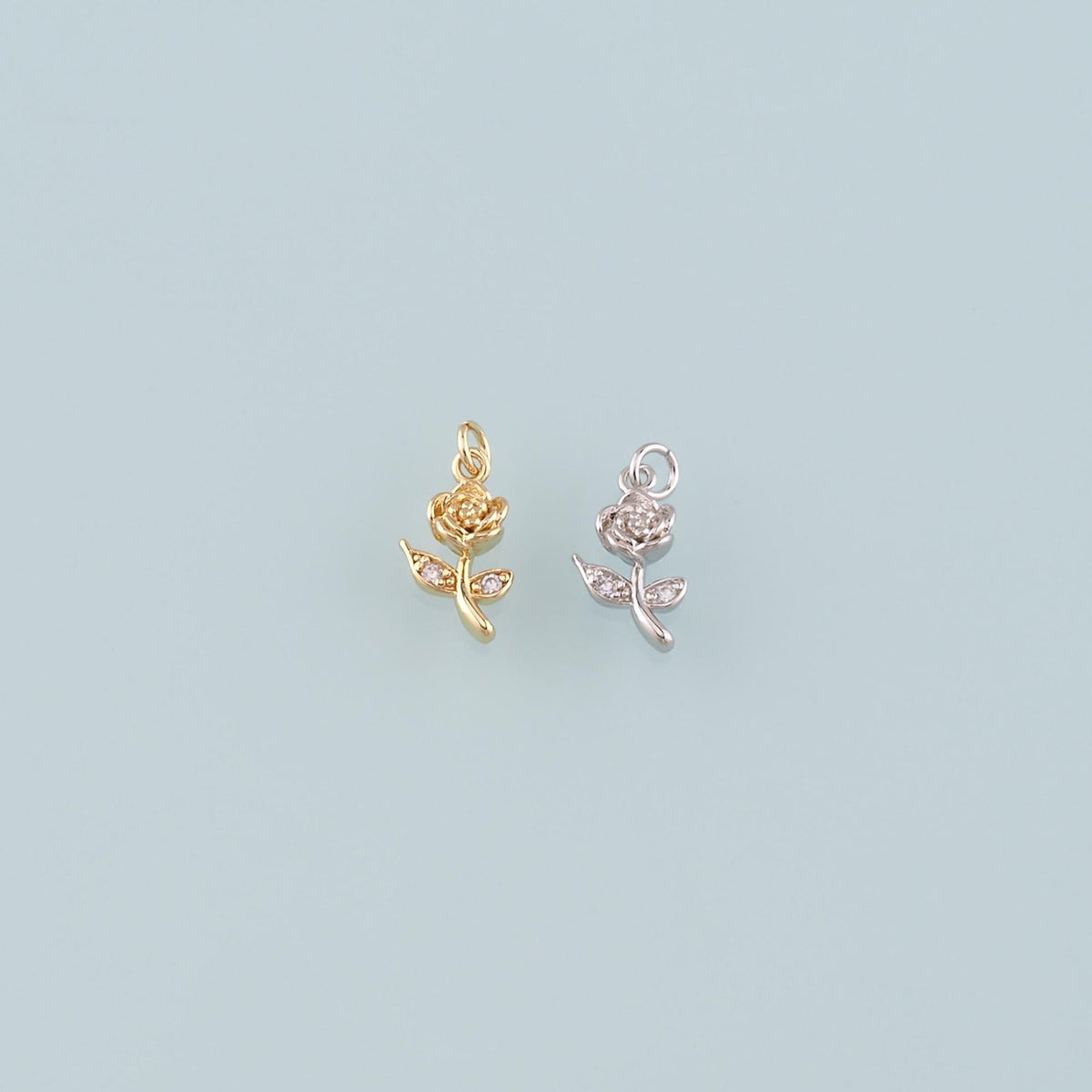 Gold Rose Charm,18K Gold Filled Rose Pendant,CZ Micro Pave Flower Charm Bracelet Necklace for DIY Jewelry Making Supply