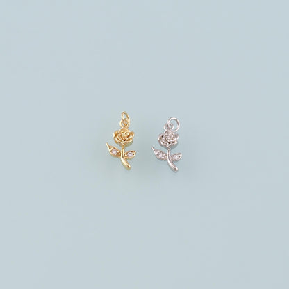 Gold Rose Charm,18K Gold Filled Rose Pendant,CZ Micro Pave Flower Charm Bracelet Necklace for DIY Jewelry Making Supply