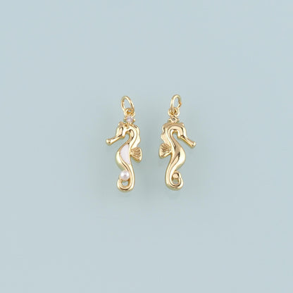 18K Gold Filled Pearl Seahorse Pendant,Enamel Seahorse Charm Bracelet Necklace for DIY Jewelry Making Supply
