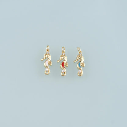 18K Gold Filled Pearl Seahorse Pendant,Enamel Seahorse Charm Bracelet Necklace for DIY Jewelry Making Supply
