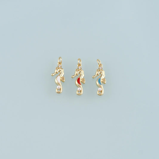 18K Gold Filled Pearl Seahorse Pendant,Enamel Seahorse Charm Bracelet Necklace for DIY Jewelry Making Supply