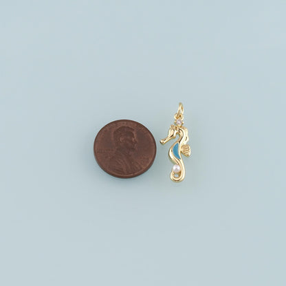 18K Gold Filled Pearl Seahorse Pendant,Enamel Seahorse Charm Bracelet Necklace for DIY Jewelry Making Supply