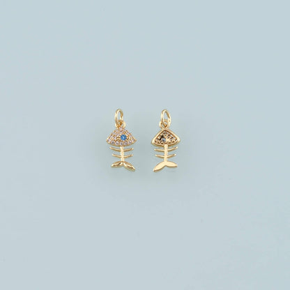 Gold Fish Charms,18K Gold Filled Fish Pendant,CZ Micro Pave Fish Bones Charm Bracelet Necklace for DIY Jewelry Making Supply