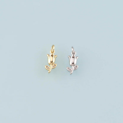 Gold Flower Charm,18K Gold Filled Tulip Pendant,CZ Micro Pave Flower Charm Bracelet Necklace for DIY Jewelry Making Supply