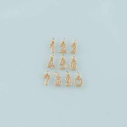 18K Gold Filled Number Pendant,CZ Micro Pave Number Charm Bracelet Necklace for DIY Jewelry Making Supply