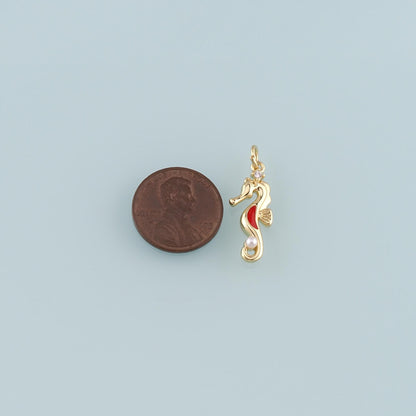 18K Gold Filled Pearl Seahorse Pendant,Enamel Seahorse Charm Bracelet Necklace for DIY Jewelry Making Supply