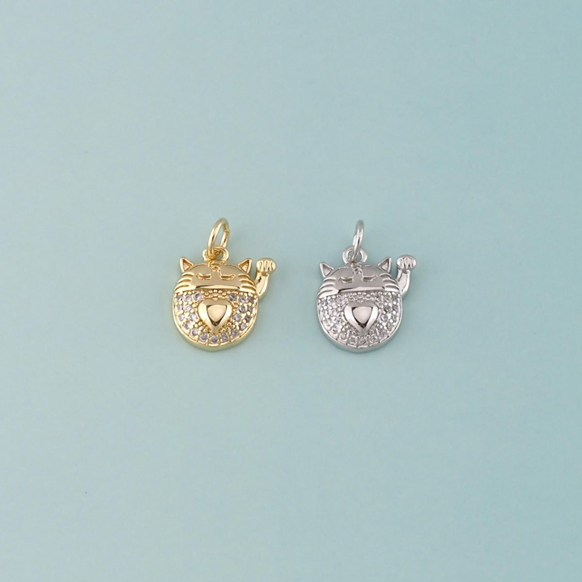18K Gold Filled Lucky Cat Pendant,CZ Micro Pave Lucky Cat Charm Bracelet Necklace for DIY Jewelry Making Supply