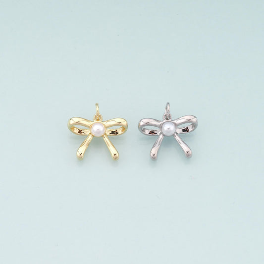 Gold Bow Charms,18K Gold Filled Pearl Bow Pendant,Bow Tie Charm Bracelet Necklace for DIY Jewelry Making Supply