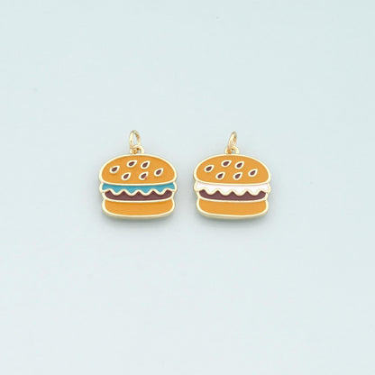 18K Gold Filled Hamburger Pendant,Enamel Gourmet Charm Bracelet Necklace for DIY Jewelry Making Supply