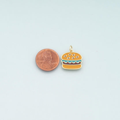 18K Gold Filled Hamburger Pendant,Enamel Gourmet Charm Bracelet Necklace for DIY Jewelry Making Supply