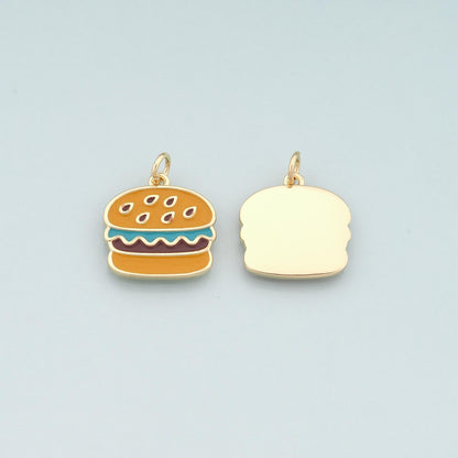 18K Gold Filled Hamburger Pendant,Enamel Gourmet Charm Bracelet Necklace for DIY Jewelry Making Supply