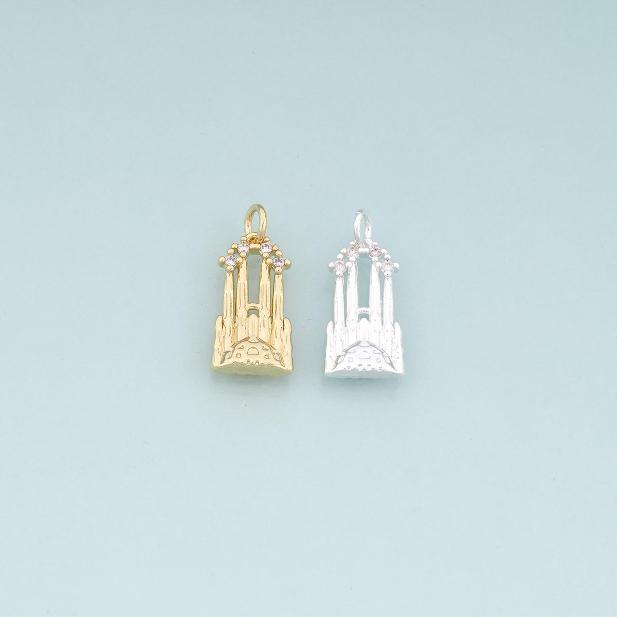 18K Gold Filled Sagrada Famili Pendant,CZ Micro Pave Church Charm Bracelet Necklace for DIY Jewelry Making Supply