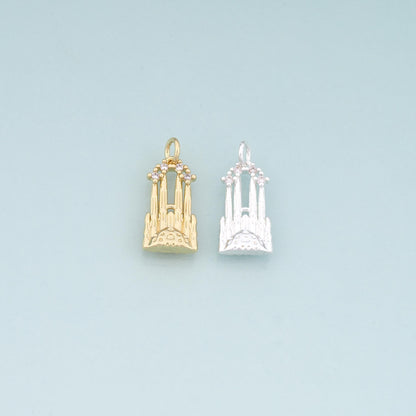 18K Gold Filled Sagrada Famili Pendant,CZ Micro Pave Church Charm Bracelet Necklace for DIY Jewelry Making Supply
