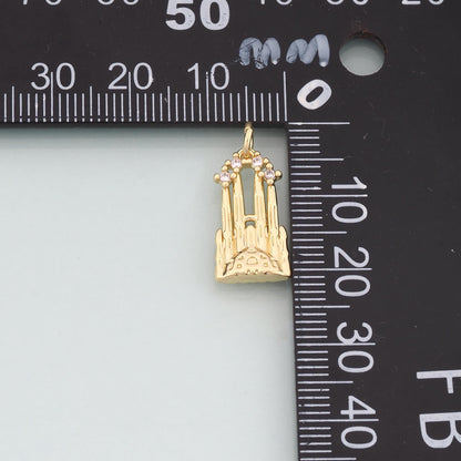 18K Gold Filled Sagrada Famili Pendant,CZ Micro Pave Church Charm Bracelet Necklace for DIY Jewelry Making Supply