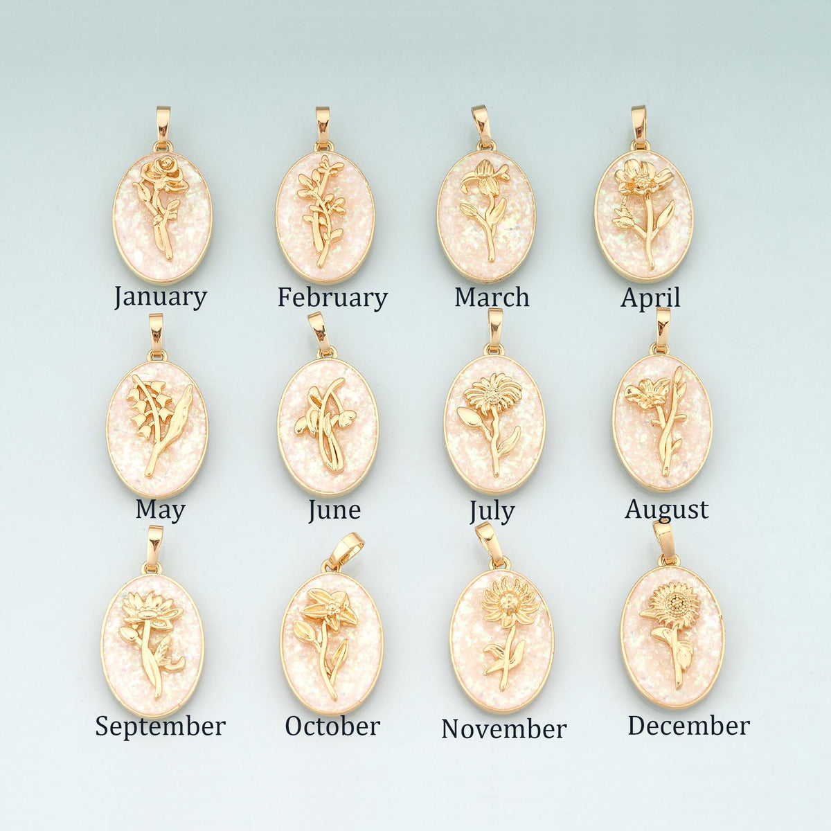 Gold Opal Birthday Flower Charms,18K Gold Filled Flower Pendant Charm Bracelet Necklace for DIY Jewelry Making Supply