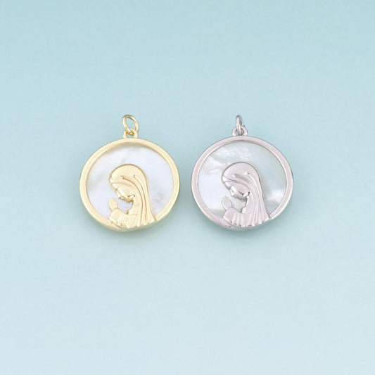 18K Gold Filled Shell Our Lady Round Pendant,Retro Style Religion Charm Bracelet Necklace for DIY Jewelry Making Supply