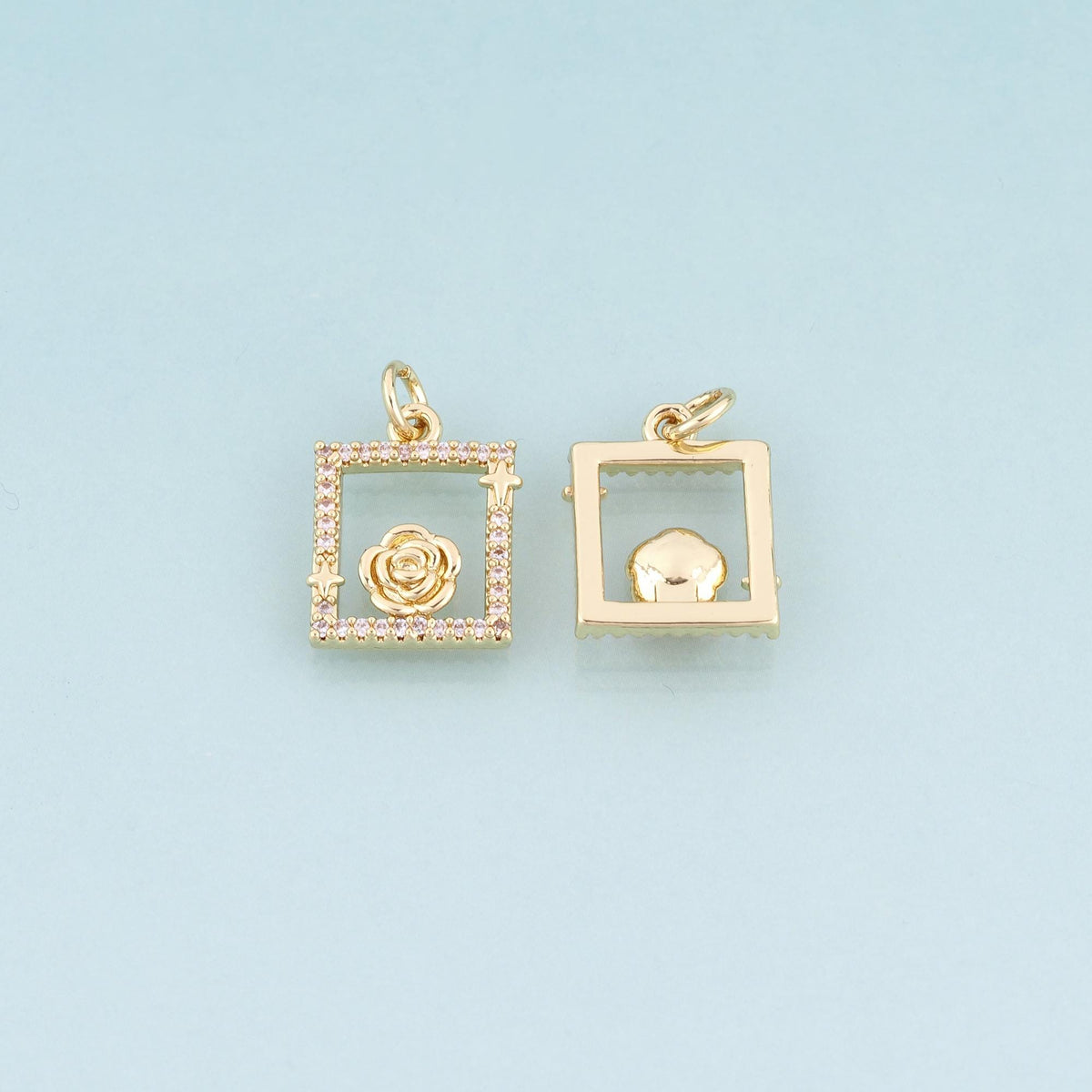 18K Gold Filled CZ Rose Photo Frame Pendant,French Retro Style Charm Bracelet Necklace for DIY Jewelry Making Supply