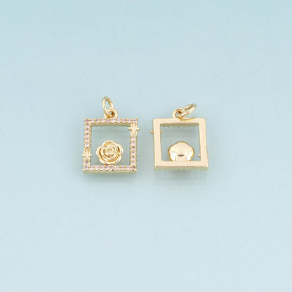 18K Gold Filled CZ Rose Photo Frame Pendant,French Retro Style Charm Bracelet Necklace for DIY Jewelry Making Supply