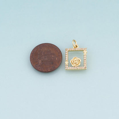 18K Gold Filled CZ Rose Photo Frame Pendant,French Retro Style Charm Bracelet Necklace for DIY Jewelry Making Supply