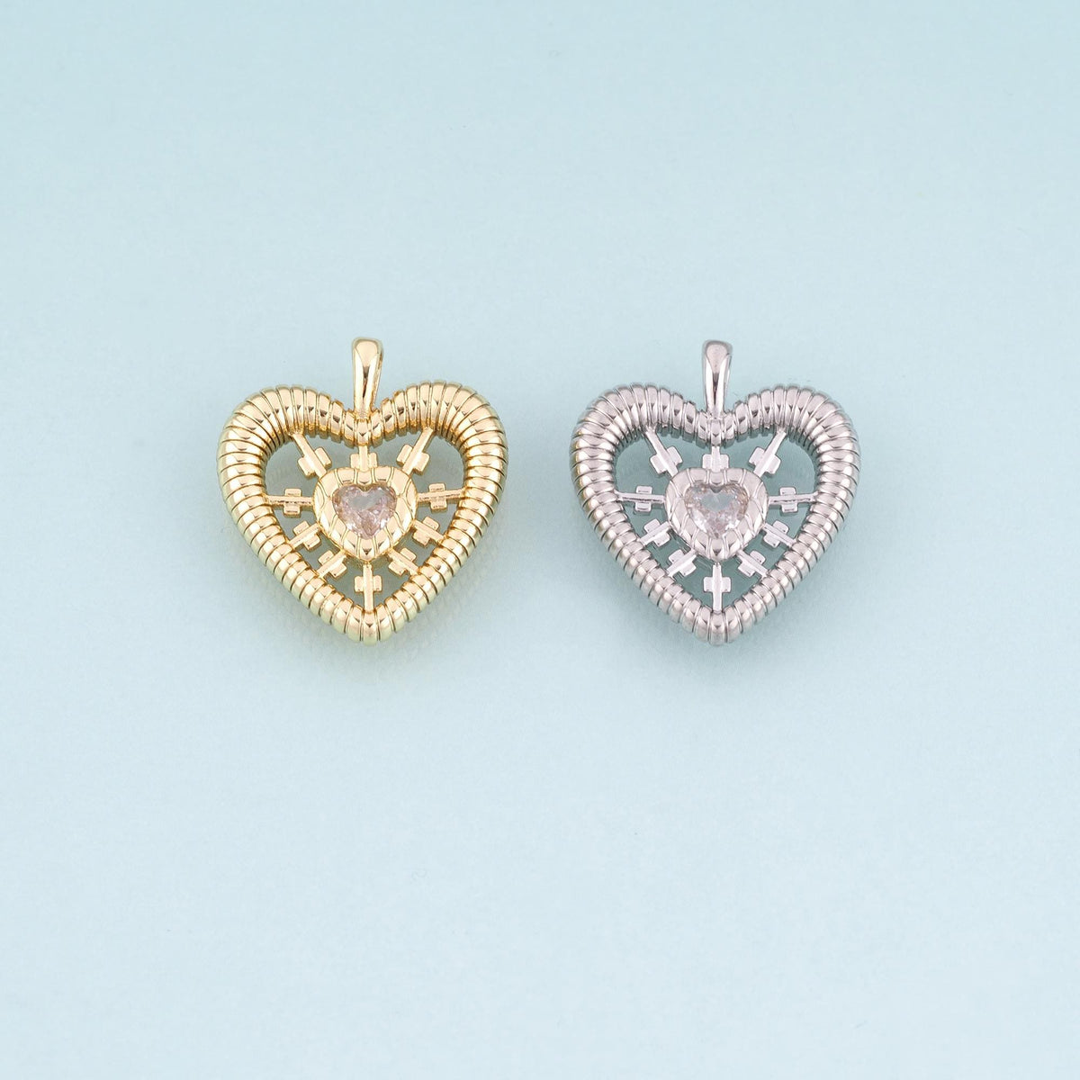 18K Gold Filled CZ Heart Pendant,Radial Texture Heart Charm Bracelet Necklace for DIY Jewelry Making Supply