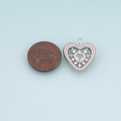 18K Gold Filled CZ Heart Pendant,Radial Texture Heart Charm Bracelet Necklace for DIY Jewelry Making Supply