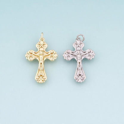 18K Gold Filled Jesus Cross Pendant,Retro Carved Cross Charm Bracelet Necklace for DIY Jewelry Making Supply