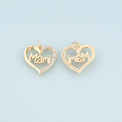 18K Gold Filled CZ Heart Mami Pendant,Mother's Day Gift Heart Charm Bracelet Necklace for DIY Jewelry Making Supply