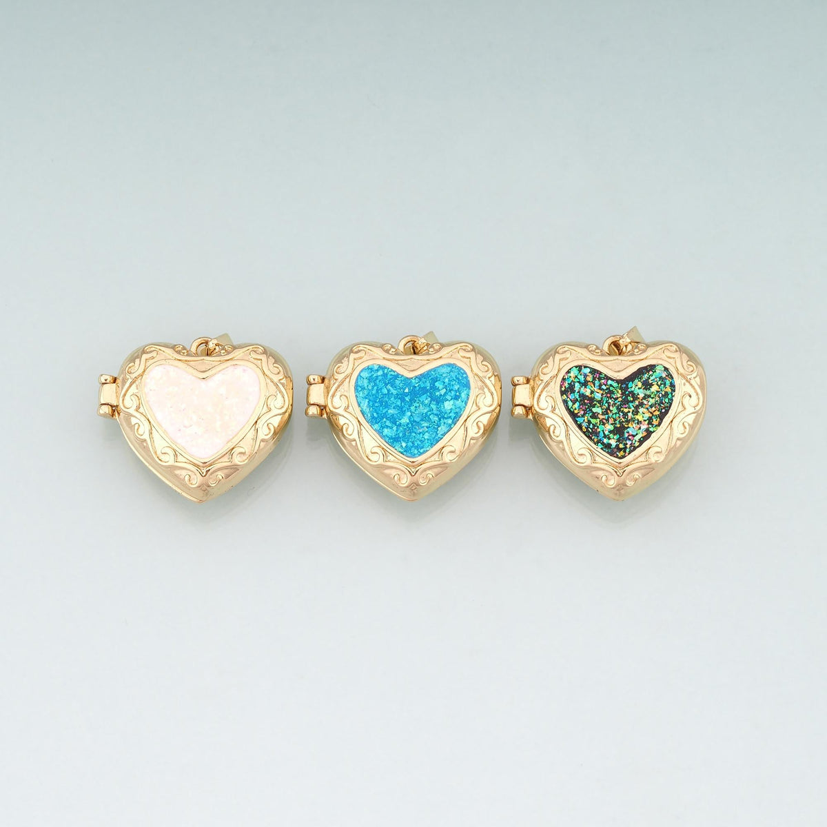 Gold Opal Openable Heart Round Locket Charms,18K Gold Filled Heart Pendant Charm Bracelet Necklace for DIY Jewelry Making Sup