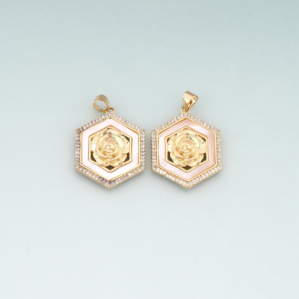 Gold Shell Hexagon Roses Charms,18K Gold Filled Romantic Roses Pendant Charm Bracelet Necklace for DIY Jewelry Making Supply