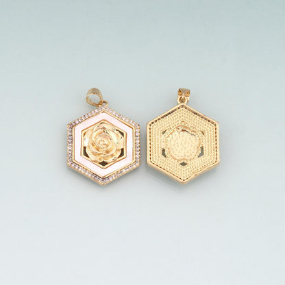Gold Shell Hexagon Roses Charms,18K Gold Filled Romantic Roses Pendant Charm Bracelet Necklace for DIY Jewelry Making Supply