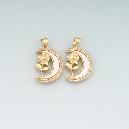 Gold Shell Moon Roses Charms,18K Gold Filled Romantic Roses Pendant Charm Bracelet Necklace for DIY Jewelry Making Supply