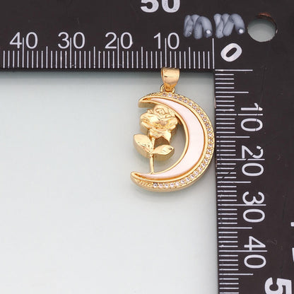 Gold Shell Moon Roses Charms,18K Gold Filled Romantic Roses Pendant Charm Bracelet Necklace for DIY Jewelry Making Supply