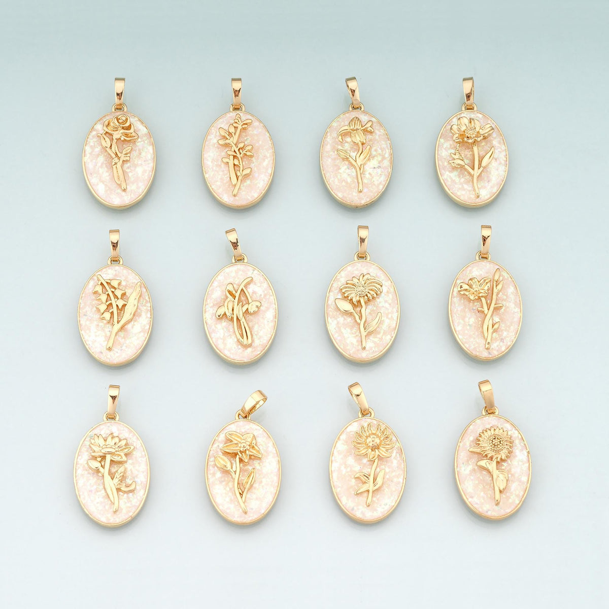 Gold Opal Birthday Flower Charms,18K Gold Filled Flower Pendant Charm Bracelet Necklace for DIY Jewelry Making Supply