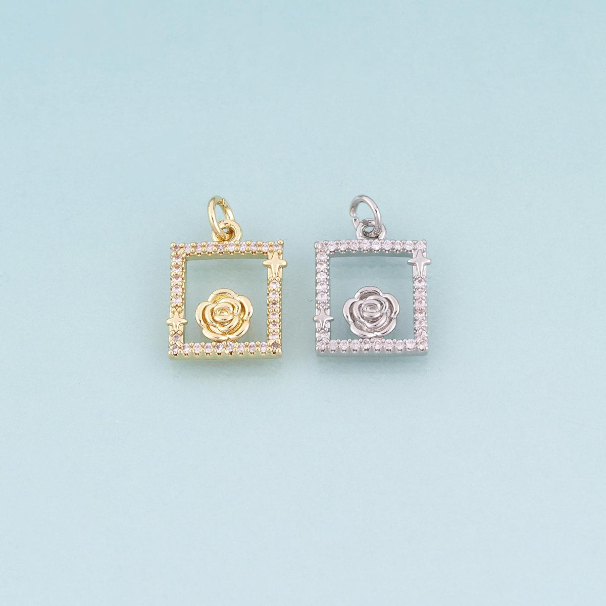 18K Gold Filled CZ Rose Photo Frame Pendant,French Retro Style Charm Bracelet Necklace for DIY Jewelry Making Supply