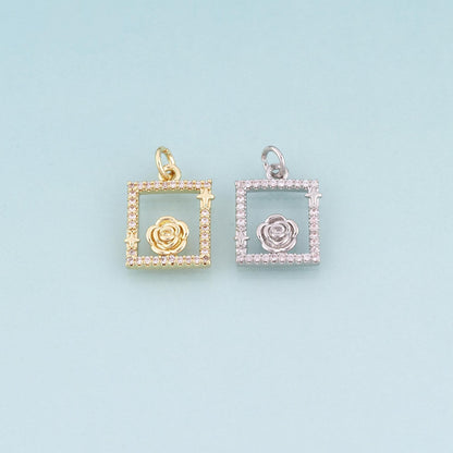 18K Gold Filled CZ Rose Photo Frame Pendant,French Retro Style Charm Bracelet Necklace for DIY Jewelry Making Supply