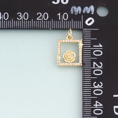 18K Gold Filled CZ Rose Photo Frame Pendant,French Retro Style Charm Bracelet Necklace for DIY Jewelry Making Supply