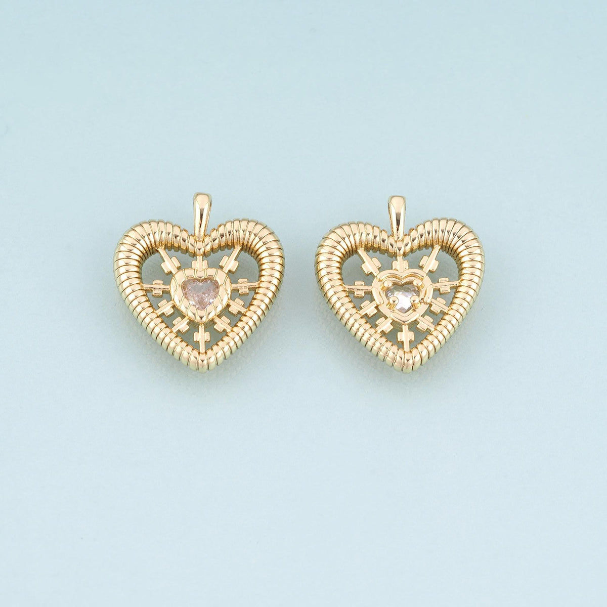 18K Gold Filled CZ Heart Pendant,Radial Texture Heart Charm Bracelet Necklace for DIY Jewelry Making Supply