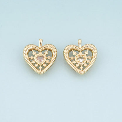 18K Gold Filled CZ Heart Pendant,Radial Texture Heart Charm Bracelet Necklace for DIY Jewelry Making Supply
