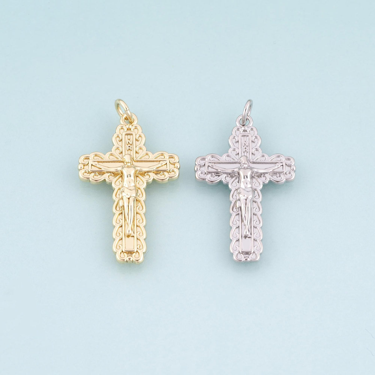 18K Gold Filled Jesus Cross Pendant,Retro Carved Cross Charm Bracelet Necklace for DIY Jewelry Making Supply