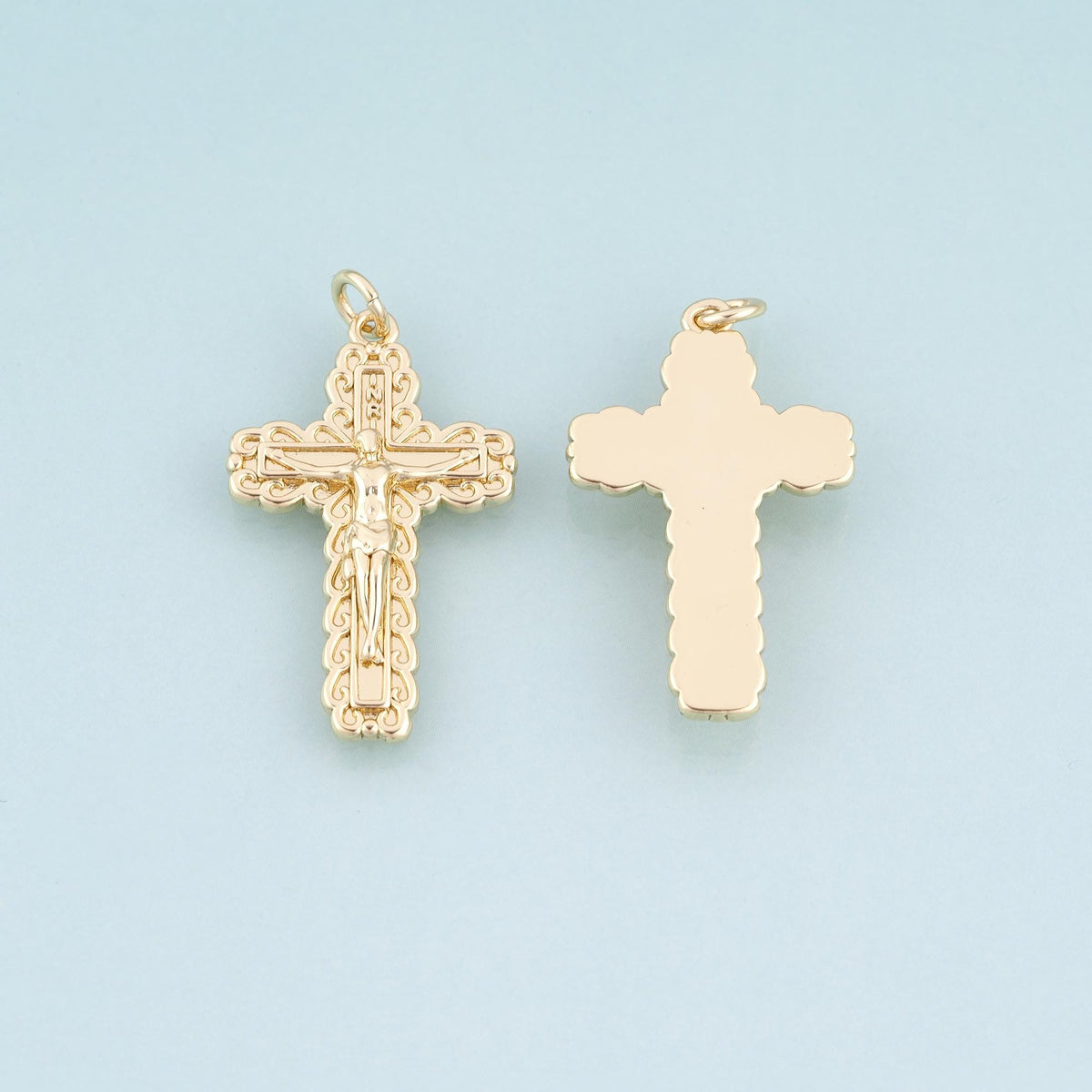 18K Gold Filled Jesus Cross Pendant,Retro Carved Cross Charm Bracelet Necklace for DIY Jewelry Making Supply