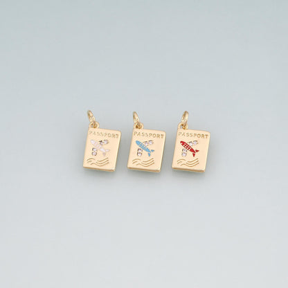 18K Gold Filled Enamel Airplane Pendant,Passport Charm Bracelet Necklace for DIY Jewelry Making Supply
