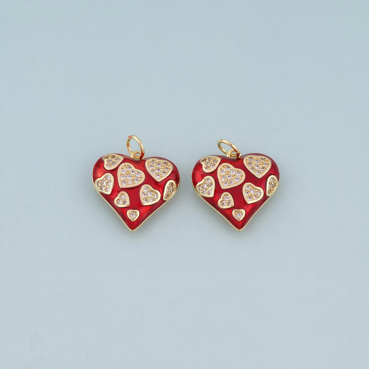 18K Gold Filled CZ Heart Pendant,Red Enamel Heart Charm Bracelet Necklace for DIY Jewelry Making Supply