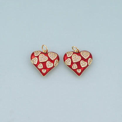 18K Gold Filled CZ Heart Pendant,Red Enamel Heart Charm Bracelet Necklace for DIY Jewelry Making Supply