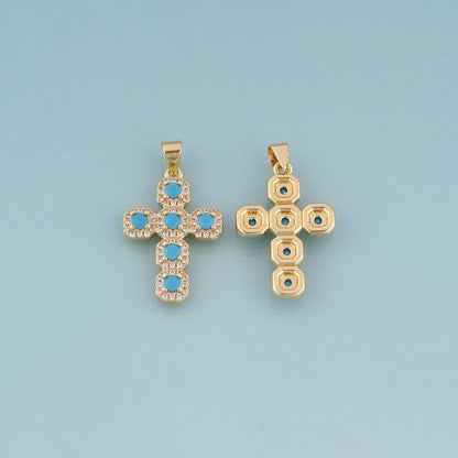 18K Gold Filled Turquoise Cross Pendant,Luxurious Charm Bracelet Necklace for DIY Jewelry Making Supply