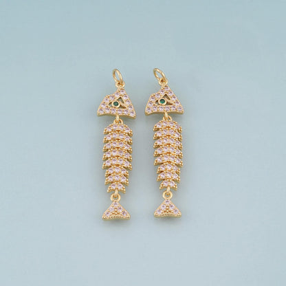 18K Gold Filled CZ Fish Bone Pendant,Exquisite Charm Bracelet Necklace for DIY Jewelry Making Supply