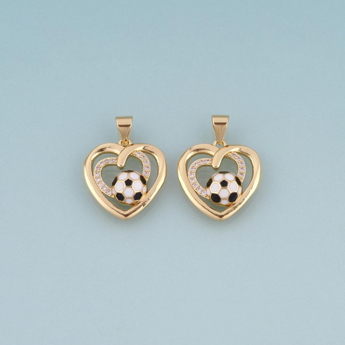 18K Gold Filled Enamel Football Double Heart Pendant,World Cup Charm Bracelet Necklace for DIY Jewelry Making Supply