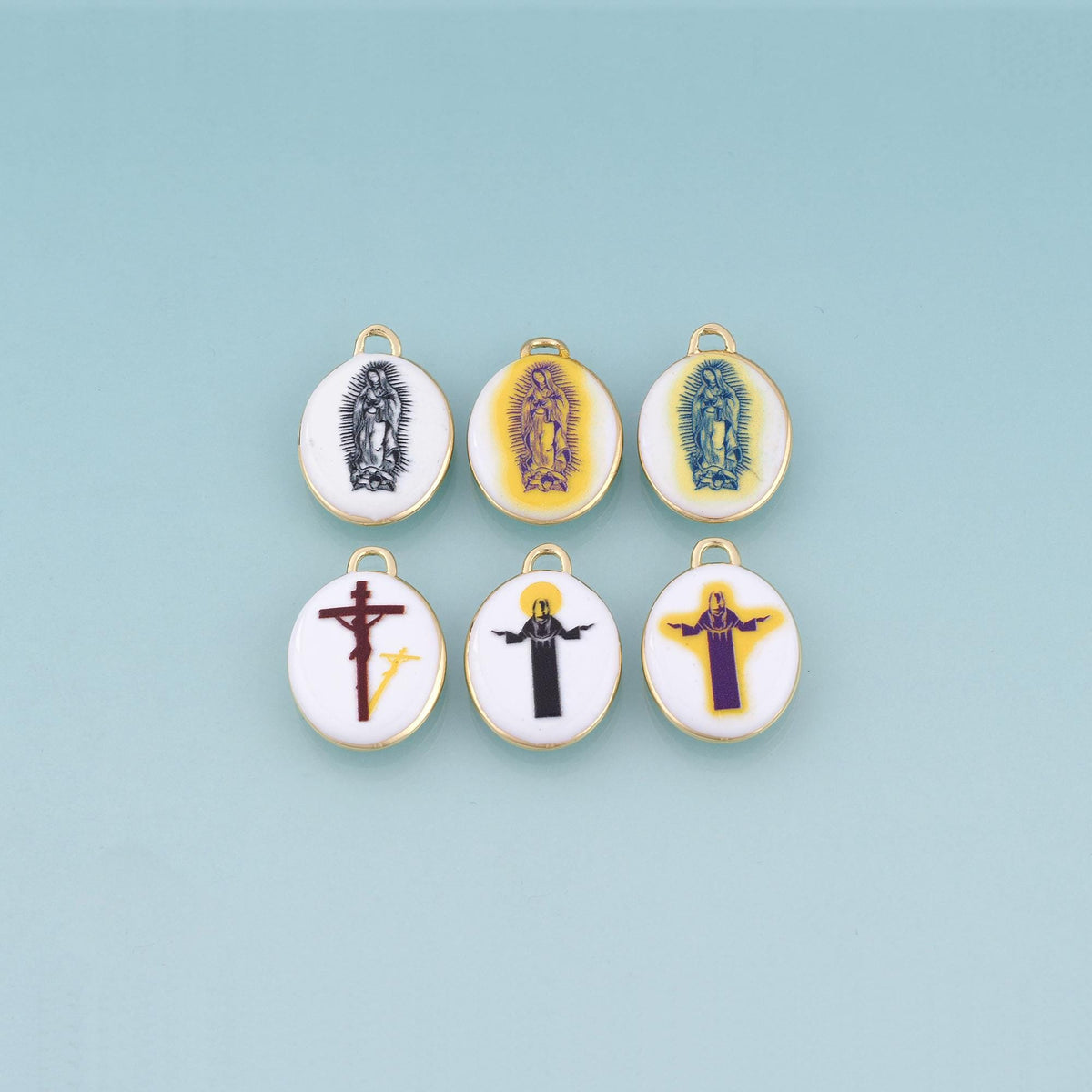 18K Gold Filled Ceramics Oval Pendant,Enamel Religion Illustration Charm Bracelet Necklace for DIY Jewelry Making Supply