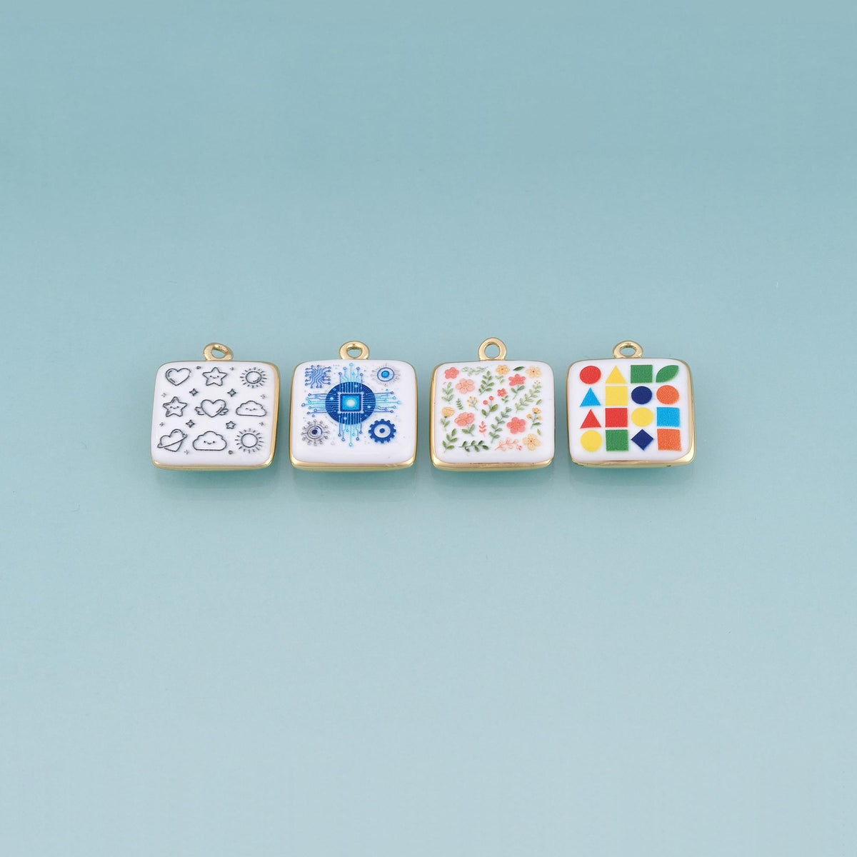 18K Gold Filled Ceramics Square Pendant,Enamel Illustration Charm Bracelet Necklace for DIY Jewelry Making Supply