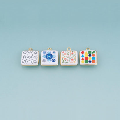 18K Gold Filled Ceramics Square Pendant,Enamel Illustration Charm Bracelet Necklace for DIY Jewelry Making Supply